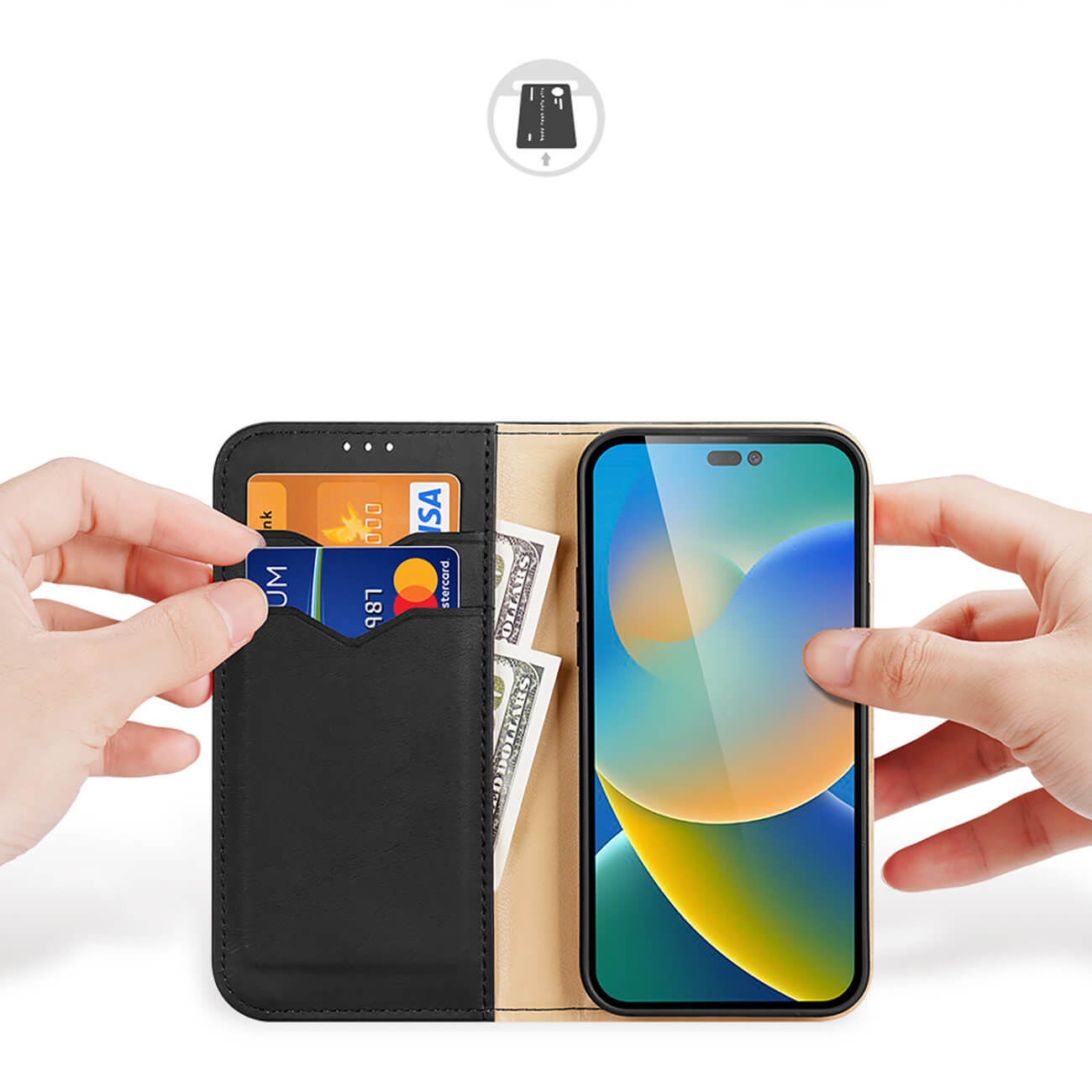 Dux Ducis iPhone 14 Pro Hivo Θήκη Πορτοφόλι Stand από Γνήσιο Δέρμα - Black