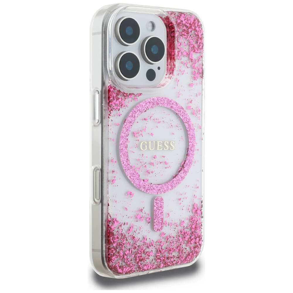 Guess iPhone 16 Pro Max - HC Resin Bottom Glitter - MagSafe Σκληρή Θήκη με Πλαίσιο Σιλικόνης - Pink - GUHMP16XRGRGEP