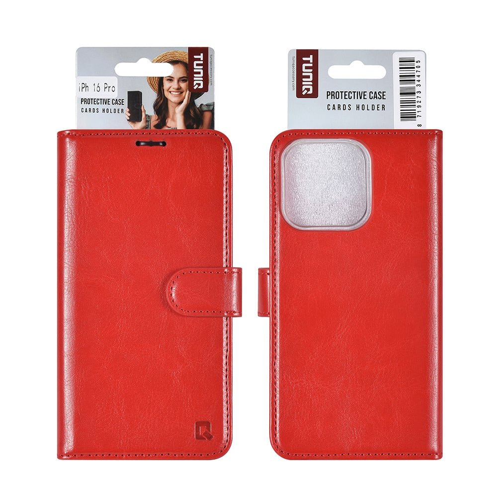 Tuniq iPhone 16 Pro - Θήκη Πορτοφόλι Stand από Δερματίνη - Red