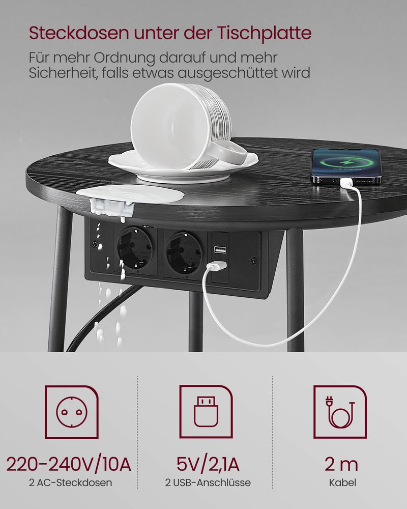 Vasagle Στρόγγυλο Βοηθητικό Τραπέζι με Υφασμάτινο Καλάθι Αποθήκευσης και Ενσωματωμένο Πολύπριζο - Ebony Black / Slate Gray - LET228B02