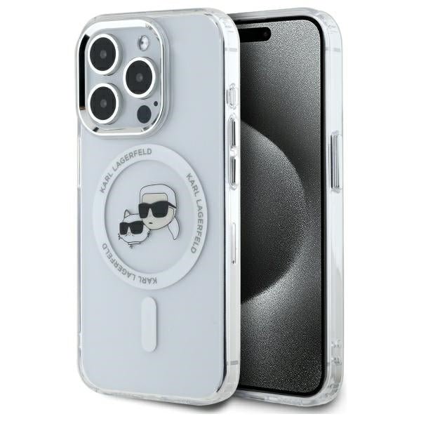 Karl Lagerfeld iPhone 15 Pro - IML Metal Karl and Choupette Head - Σκληρή Θήκη με Πλαίσιο Σιλικόνης και MagSafe - White - KLHMP15LHLSKCH