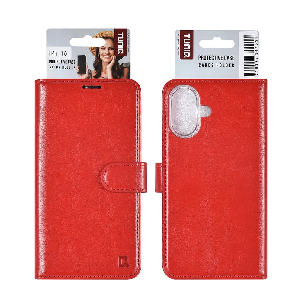 Tuniq iPhone 16 - Θήκη Πορτοφόλι Stand από Δερματίνη - Red
