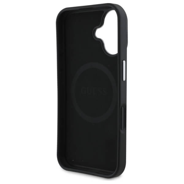 Guess iPhone 16 Plus - Grained Triangle MagSafe - Σκληρή Θήκη με Επένδυση Συνθετικού Δέρματος και Πλαίσιο Σιλικόνης - Black - GUHMP16MPGTSPSK