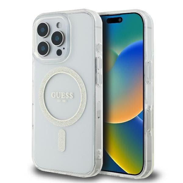 Guess iPhone 16 Pro - IML Glitter Circle - MagSafe Σκληρή Θήκη με Πλαίσιο Σιλικόνης - Clear - GUHMP16LHFGERET