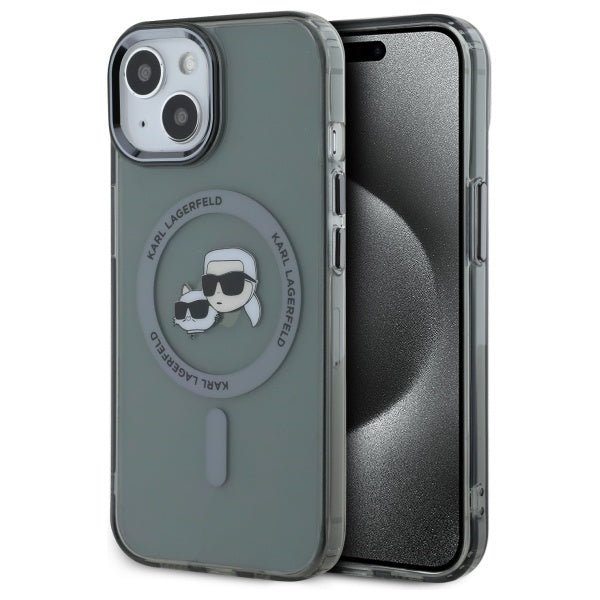 Karl Lagerfeld iPhone 15 - IML Metal Karl and Choupette Head - Σκληρή Θήκη με Πλαίσιο Σιλικόνης και MagSafe - Black - KLHMP15SHLSKCK