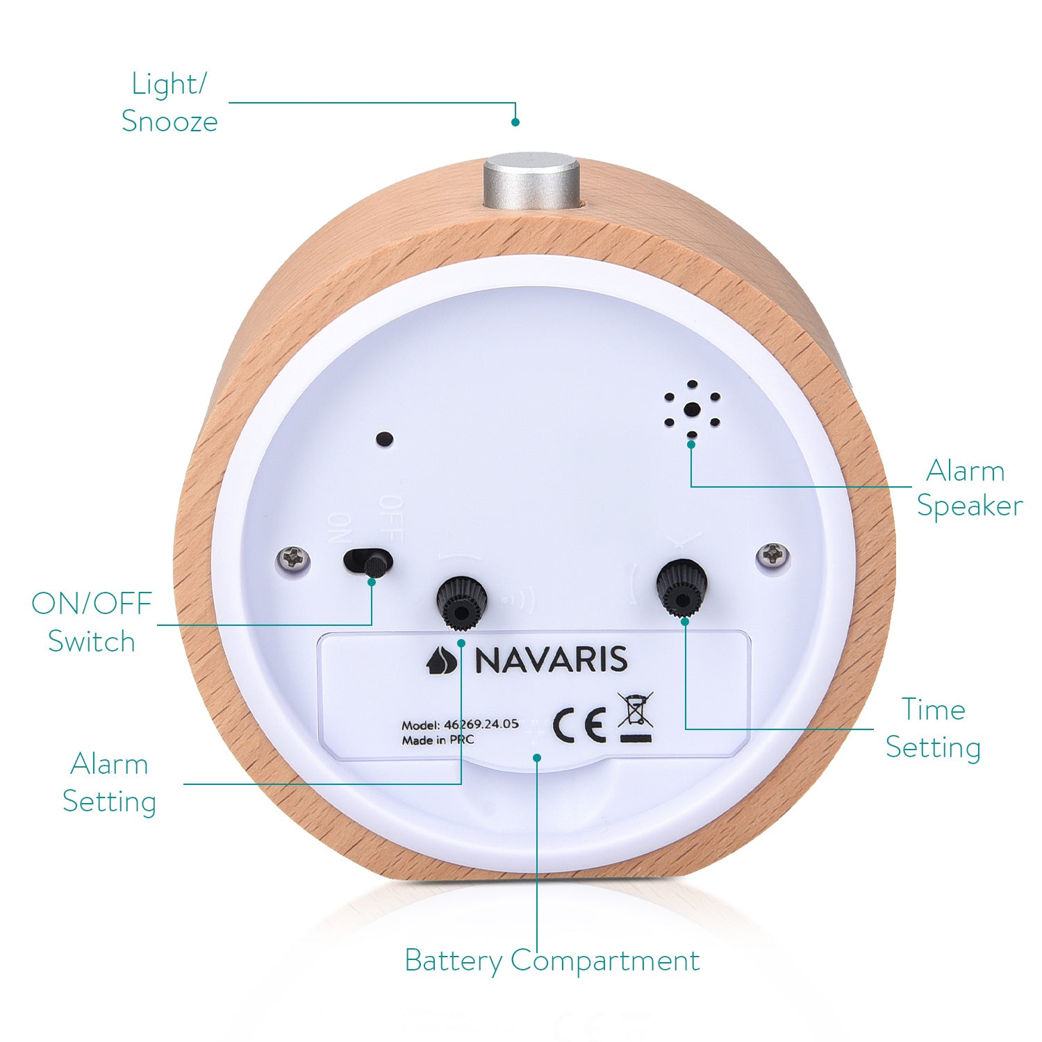 Navaris Analogue Wood Alarm Clock Design Live / Laugh / Love - Αναλογικό Επιτραπέζιο Ρολόι και Ξυπνητήρι - Light Brown - 46269.24.05