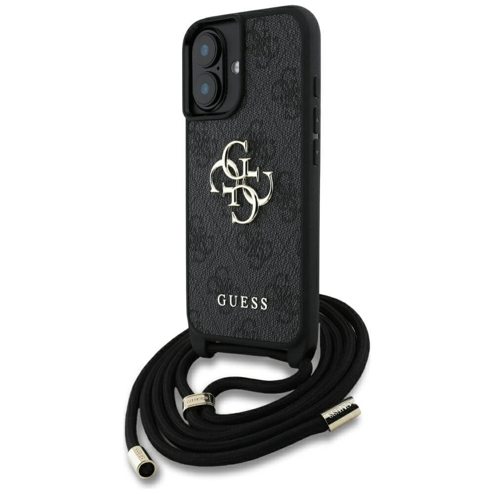 Guess iPhone 16 Plus - 4G Big Logo Cord Stap Crossbody - Θήκη με Επένδυση Συνθετικού Δέρματος και Λουράκι - Black - GUHCP16MP4GMGCRK