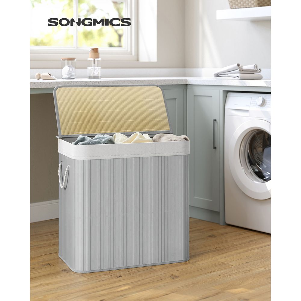 Songmics Καλάθι Απλύτων από Μπαμπού με 3 Διαμερίσματα - 150L - Grey - LCB091G01