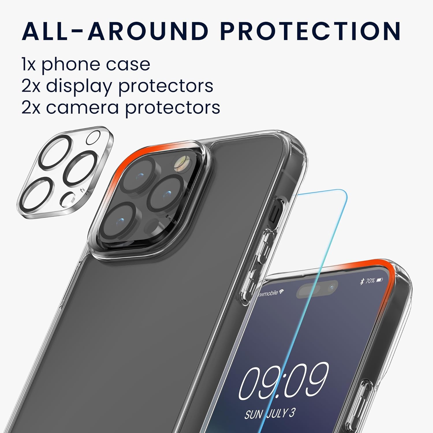 KW iPhone 15 Pro Max Σετ με 1 Θήκη, 2 Αντιχαρακτικά Γυαλιά Οθόνης και 2 Αντιχαρακτικά Γυαλιά για την Κάμερα - Διάφανα - 62028.03