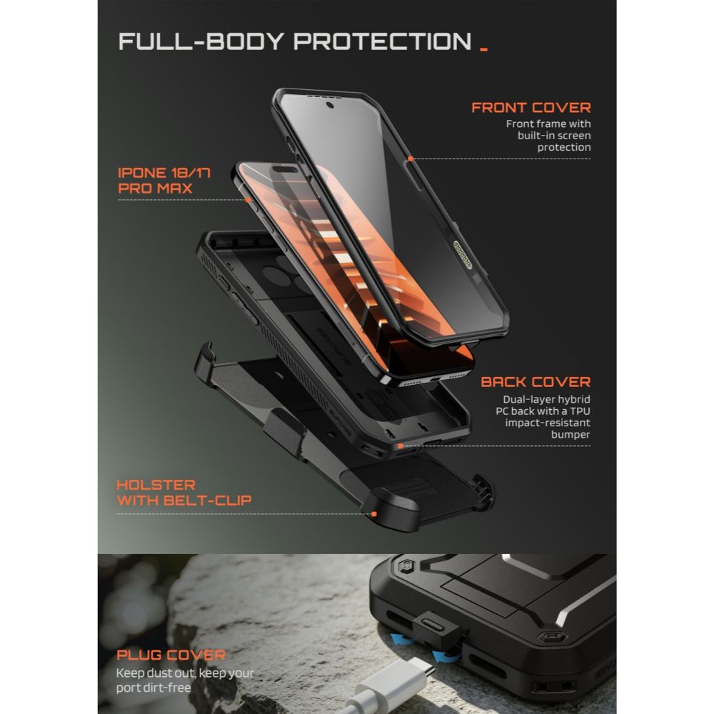 Supcase iPhone 18 Pro Max / iPhone 17 Pro Max - Σκληρή Θήκη με Προστασία Οθόνης και Stand - Unicorn Beetle Pro - Black