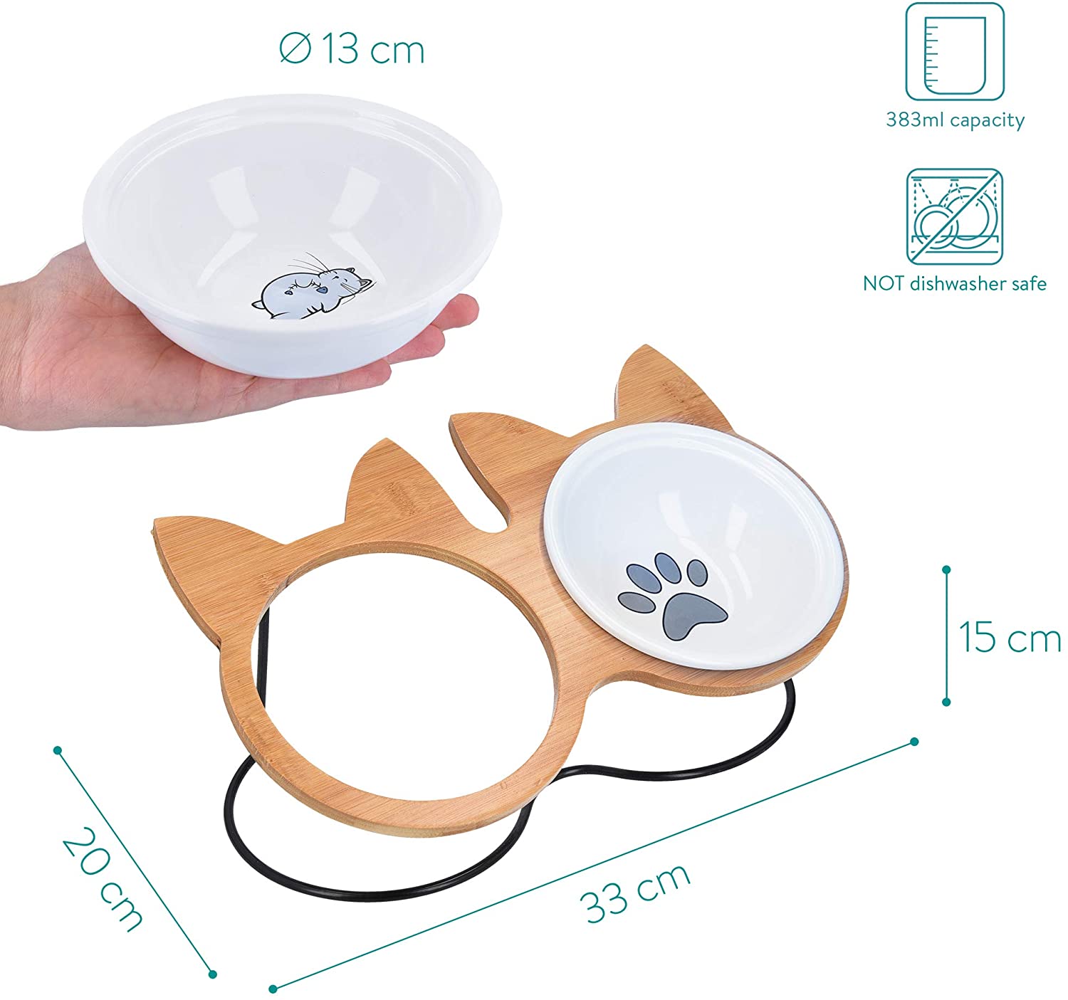 Navaris Ceramic Cat Bowls with Wood Stands - Σετ με 2 Μπολ Φαγητού και Νερού 383ml με Βάση από Μπαμπού και Μέταλλο για Κατοικίδια - Brown - 51991.01
