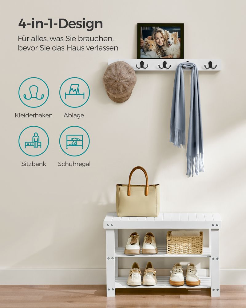 Songmics Σετ με Επιτοίχια Κρεμάστρα με Ράφι και Παπουτσοθήκη με 2 Ράφια και Κάθισμα - Cloud White - LCR004W01