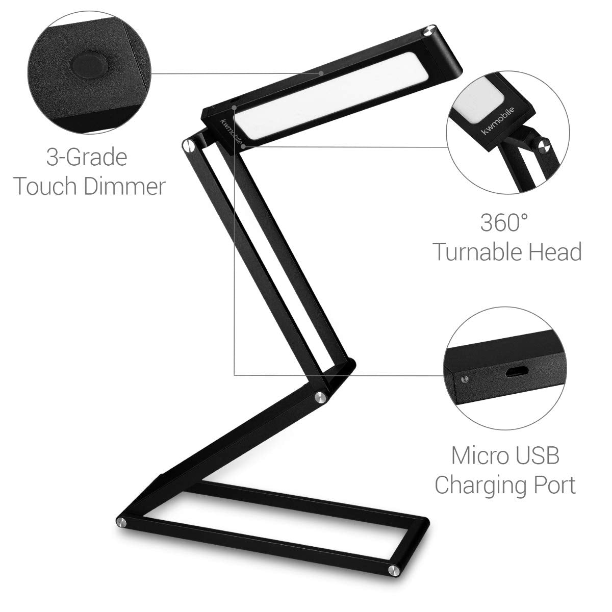 KW LED Folding Desk Lamp Επαναφορτιζόμενο Αναδιπλούμενο Μεταλλικό Φωτιστικό με καλώδιο Micro USB - Black - 45535.01