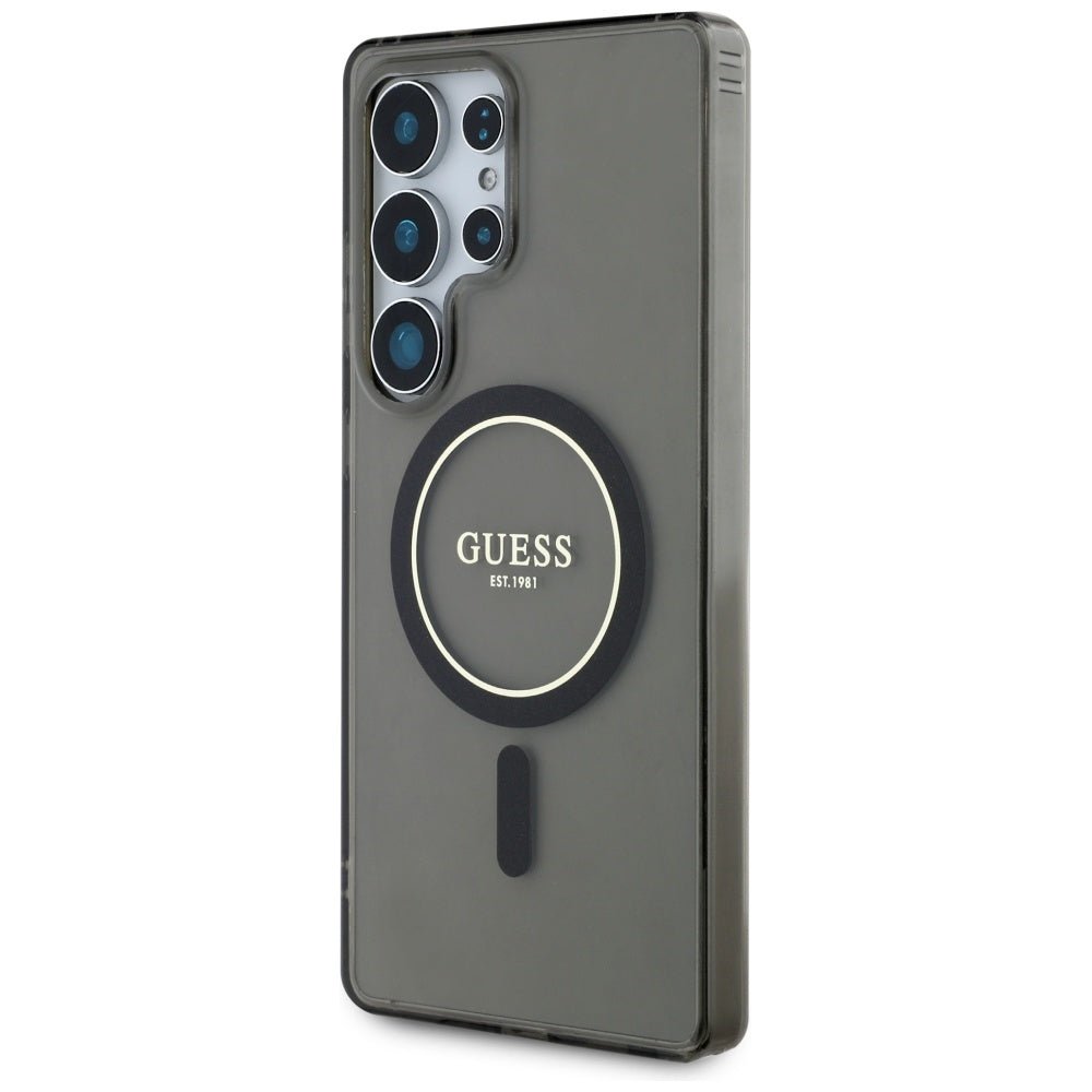 Guess Samsung Galaxy S25 Ultra - Glitter Circle Classic Logo - MagSafe Σκληρή Θήκη με Πλαίσιο Σιλικόνης - Black - GUHMS25LHFGEREK