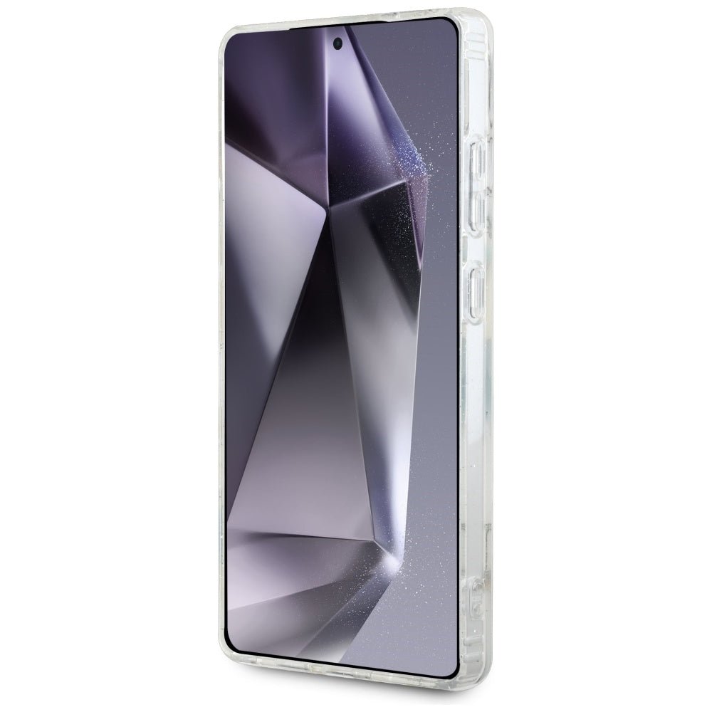 Guess Samsung Galaxy S25 Ultra - Glitter Flowers Triangle Buttons MagSafe - Σκληρή Θήκη με Πλαίσιο Σιλικόνης - White - GUHMS25LHFLPEDH