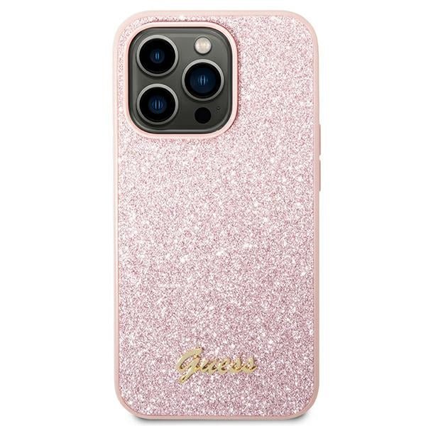 Guess iPhone 14 Pro Max Glitter Script Σκληρή Θήκη με Πλαίσιο Σιλικόνης - Pink - GUHCP14XHGGSHP