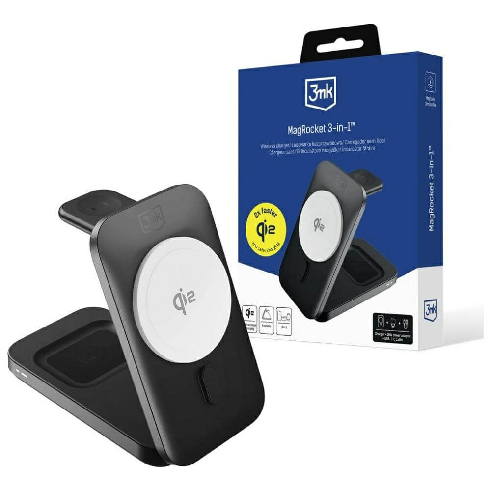 3MK 3in1 Ασύρματος Φορτιστής MagRocket Qi2 για Smartphones και Apple Watch και Airpods 15W - Black