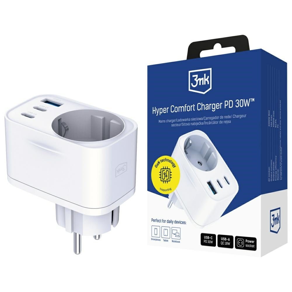 3MK Adapter Hyper Comfort 30W PD Οικιακός Φορτιστής Γρήγορης Φόρτισης με 1 Θύρα USB και 2 Θύρες Type - C και 1 Πρίζα Schuko - White