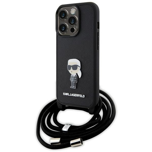 Karl Lagerfeld iPhone 15 Pro - Crossbody Saffiano Monogram Metal Pin Karl Choupette Σκληρή Θήκη με Επένδυση Συνθετικού Δέρματος και Λουράκι - Black - KLHCP15LSASKNPSK