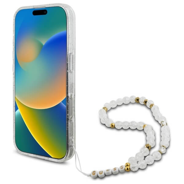 Guess iPhone 16 Pro Max - IML Glitter With Pearl Strap - MagSafe Σκληρή Θήκη με Πλαίσιο Σιλικόνης και Λουράκι - Διάφανη - GUHMP16XHGCRELST