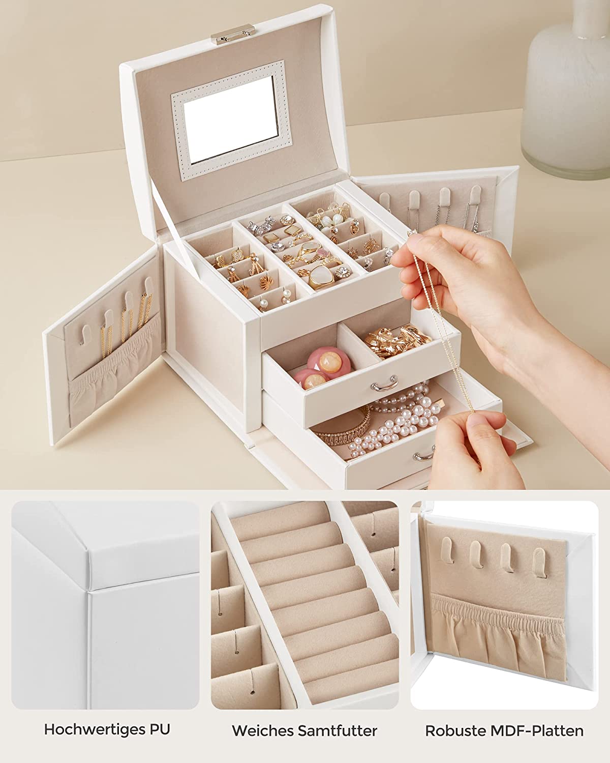 Songmics Φορητό Κουτί Αποθήκευσης Κοσμημάτων με Καθρέπτη και Κλειδαριά - White - JBC154W01