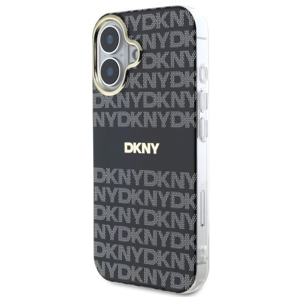 DKNY iPhone 16 - Repeat Texture Pattern With Stripe - MagSafe Σκληρή Θήκη με Πλαίσιο Σιλικόνης - Black