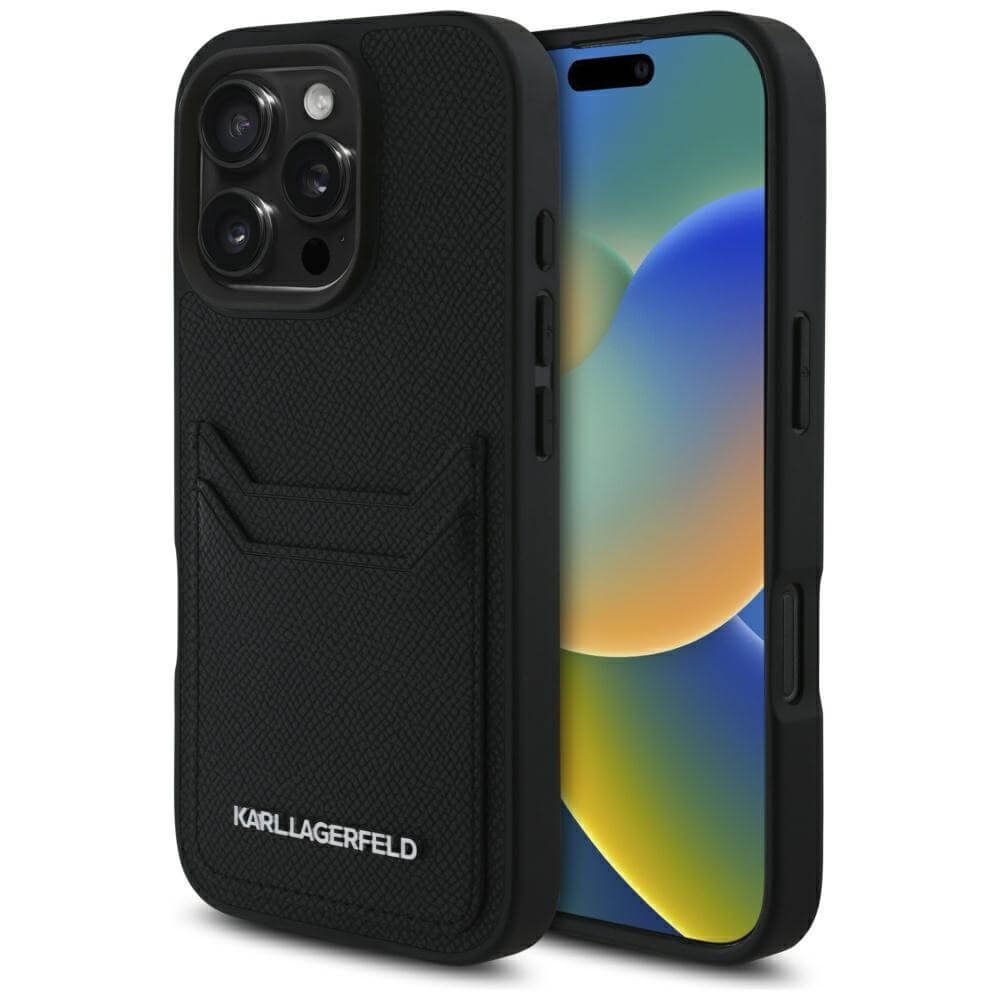 Karl Lagerfeld iPhone 16 Pro - HC Grained PU Cardslot Metal Elong - Σκληρή Θήκη με Επένδυση Συνθετικού Δέρματος και Υποδοχή για Κάρτες - Black - KLHCP16LPKHPORPK