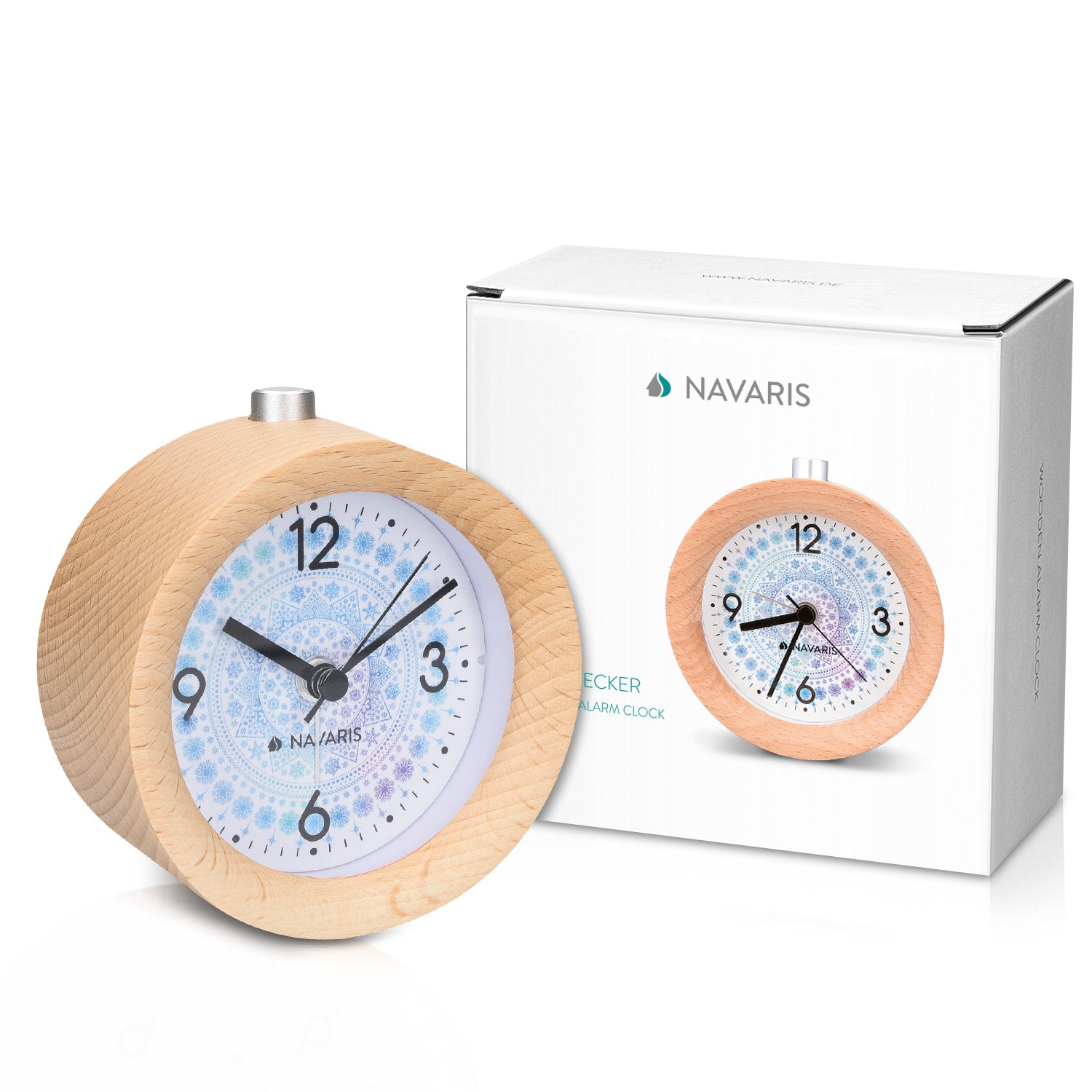 Navaris Analogue Wood Alarm Clock Design Arctic Snowflake - Αναλογικό Επιτραπέζιο Ρολόι και Ξυπνητήρι - Light Brown - 46269.24.02