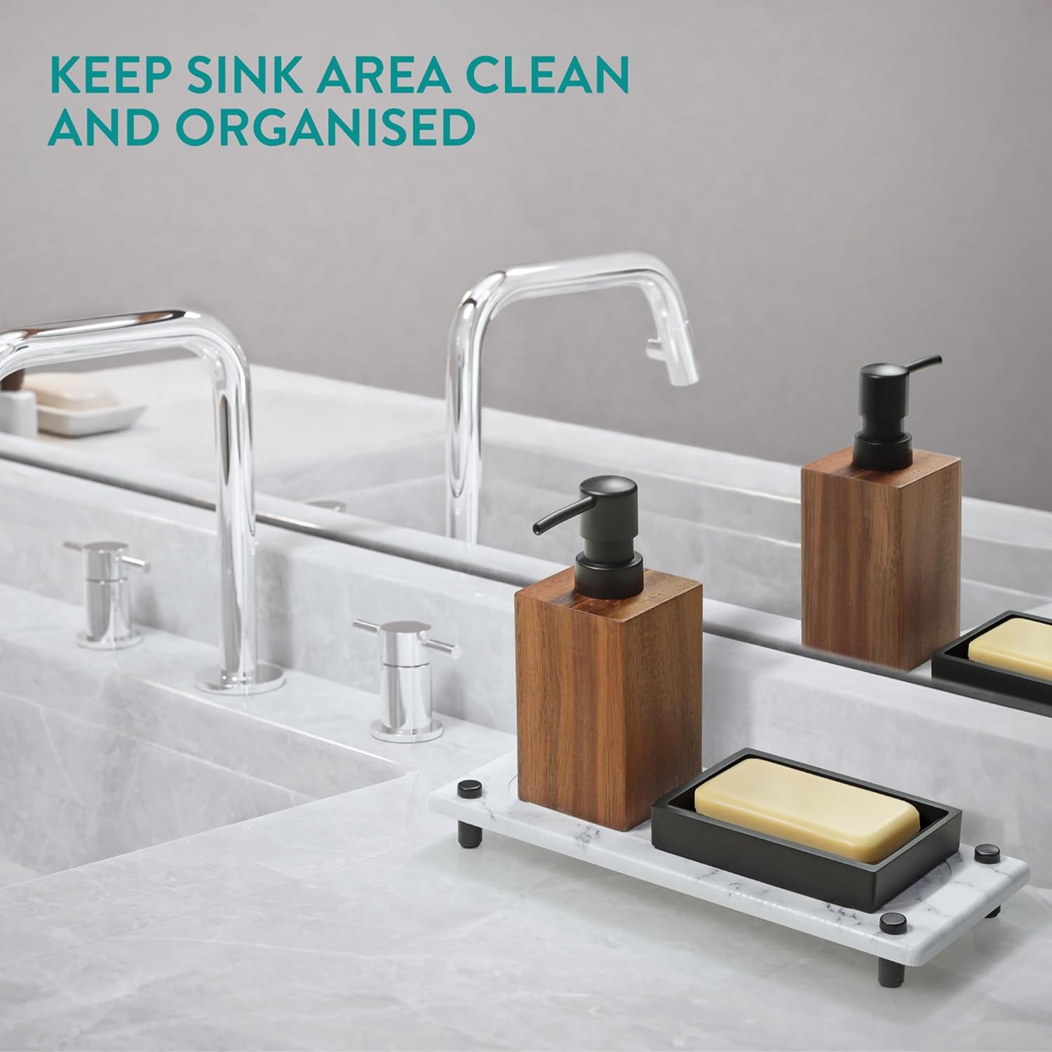 Navaris Δίσκος Οργάνωσης Νιπτήρα από Διατομίτη με Σχεδιασμό Γρήγορου Στεγνώματος - 28 x 11 x 2.5 cm - White Marble - 61632.03