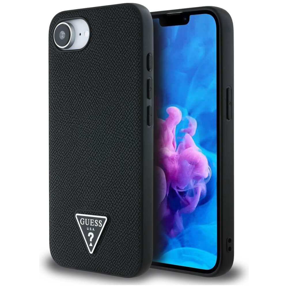 Guess iPhone 16e - Grained Triangle MagSafe - Σκληρή Θήκη με Επένδυση Συνθετικού Δέρματος και Πλαίσιο Σιλικόνης - Black - GUHMPSE4PGTSPSK