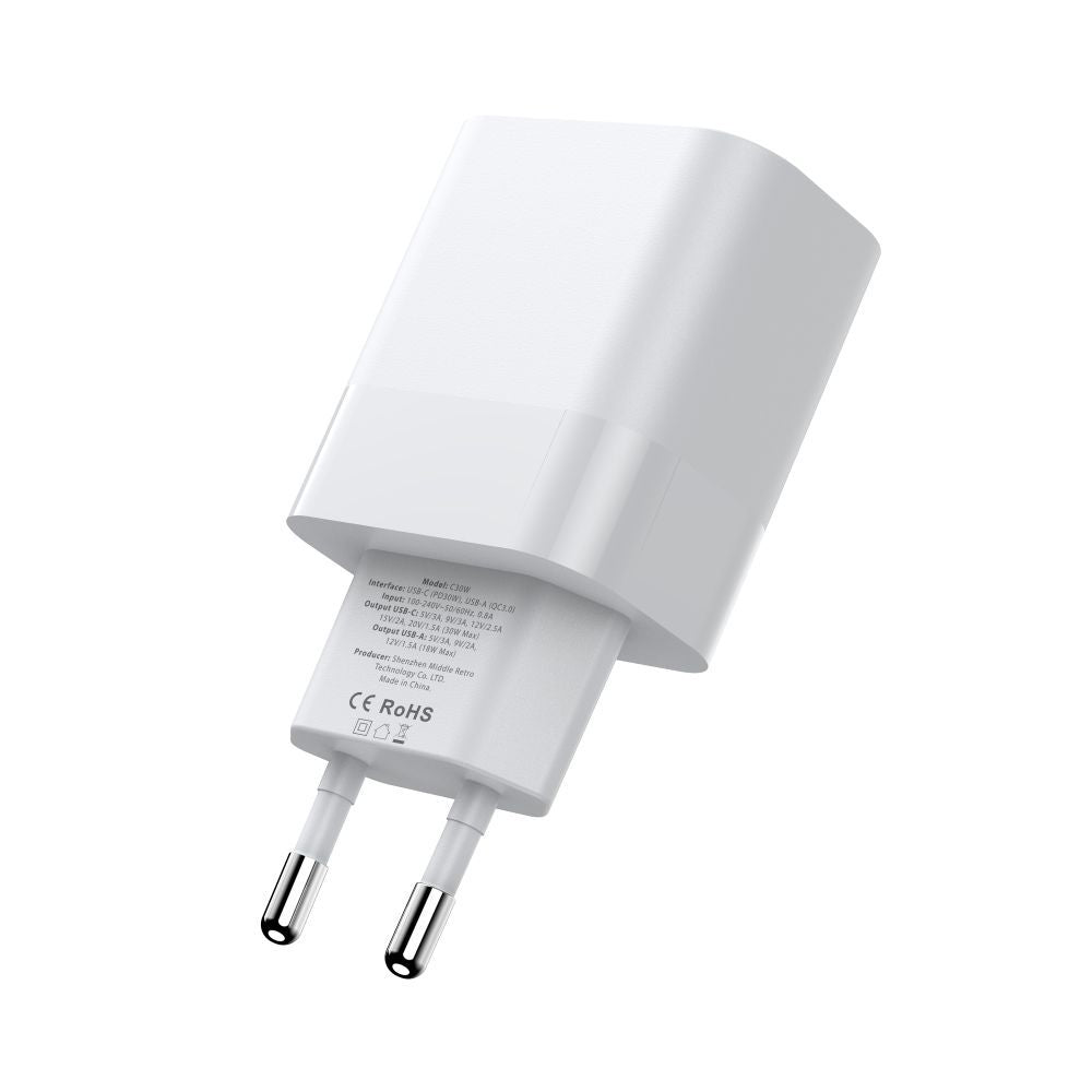 Tech - Protect C20W PD20W Οικιακός Φορτιστής Γρήγορης Φόρτισης με 2 Θύρες Type - C και Καλώδιο Type - C to Lightning - White