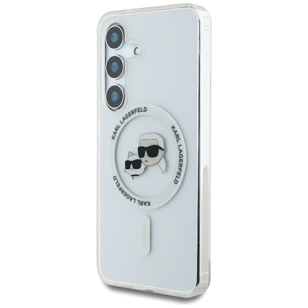 Karl Lagerfeld Samsung Galaxy S25 - Button Karl and Choupette Heads Printed Logo - MagSafe Σκληρή Θήκη με Πλαίσιο Σιλικόνης - White - KLHMS25SHLSKCH