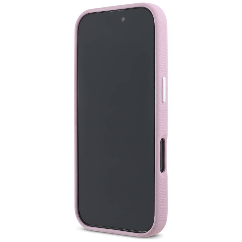 Karl Lagerfeld iPhone 16 Pro Max - Saffiano Full Wrapped Elongated Metal Logo - MagSafe Σκληρή Θήκη με Επένδυση Συνθετικού Δέρματος και Πλαίσιο Σιλικόνης - Pink - KLHMP16XPSAFWMCP