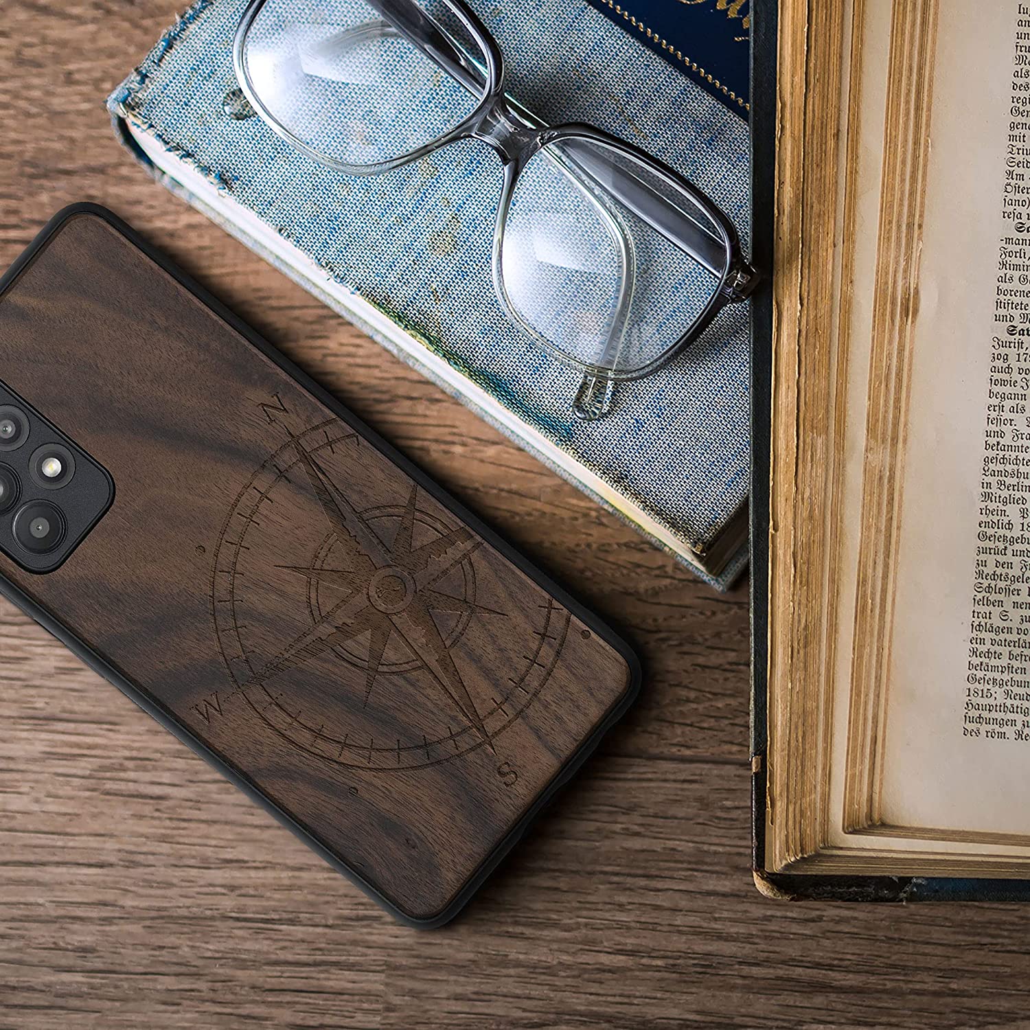 KW Samsung Galaxy A52 / A52 5G / A52s 5G Θήκη από Φυσικό Ξύλο - Design Vintage Compass - Dark Brown - 54354.02