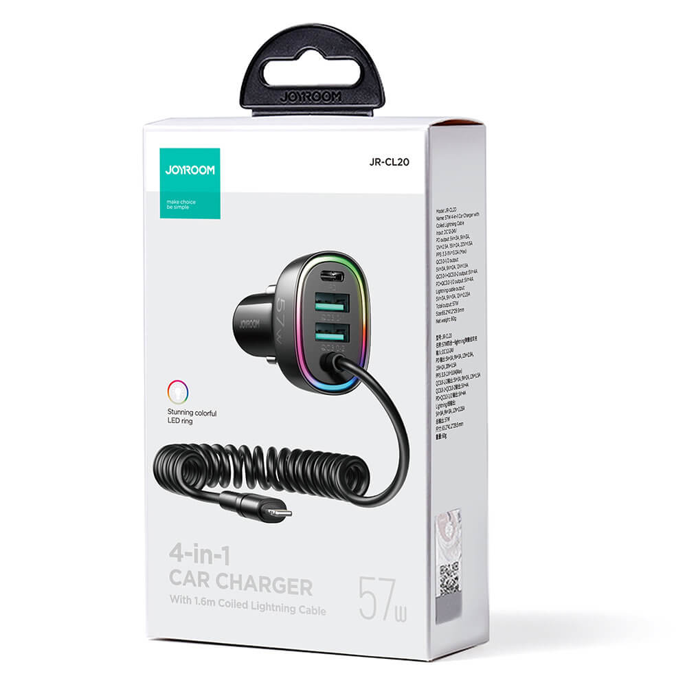Joyroom JR - CL20 4in1 Fast Car Charger 57W Φορτιστής Αυτοκινήτου με 2 Θύρες USB, 1 Θύρα Type - C και Καλώδιο Lightning 1.6m - Black