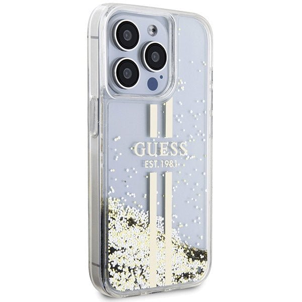 Guess iPhone 15 Pro Max Liquid Glitter Gold Stripes Σκληρή Θήκη με Πλαίσιο Σιλικόνης - Διάφανη - GUHCP15XLFCSEGT