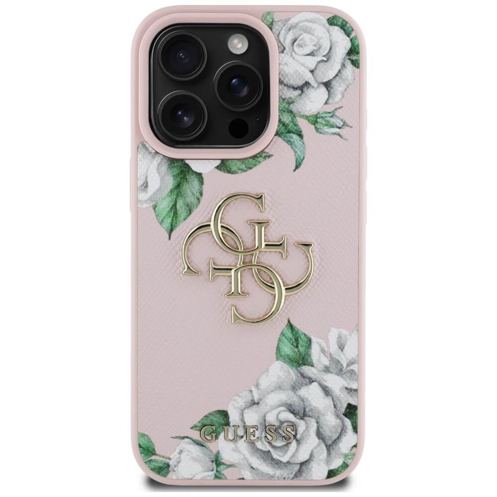 Guess iPhone 16 Pro - Grained Roses Big 4G Logo - Σκληρή Θήκη με Επένδυση από Οικολογικό Δέρμα - Pink - GUHCP16LPGROP4MP