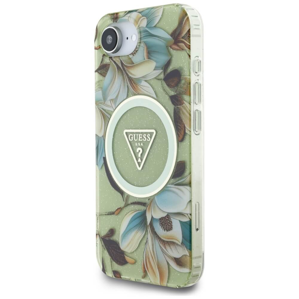 Guess iPhone 16e - IML Metal Glitter Flowers Triangle MagSafe - Σκληρή Θήκη με Πλαίσιο Σιλικόνης και MagSafe - Green - GUHMPSE4HFLPEDN