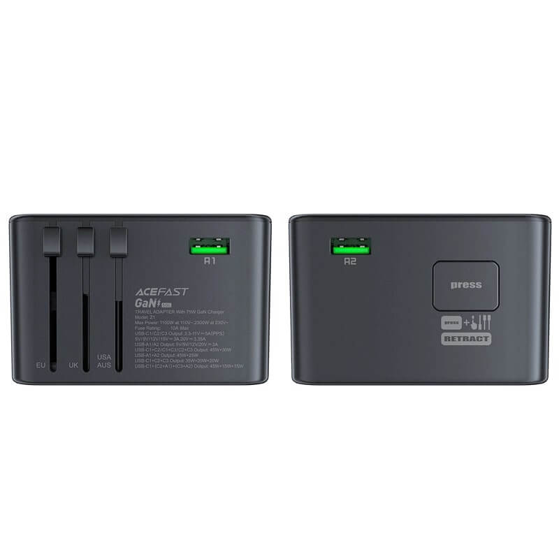 Acefast Z1 GaN 75W PD Φορτιστής Ταξιδίου με Ενσωματωμένα Βύσματα EU / UK / US / AUS με 3 Θύρες Type - C και 2 Θύρες USB - Black