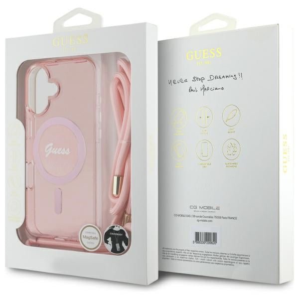 Guess iPhone 16 - Crossbody Cord Script MagSafe - Σκληρή Θήκη με Πλαίσιο Σιλικόνης και Λουράκι - Pink - GUHMP16SHCTSGNSP