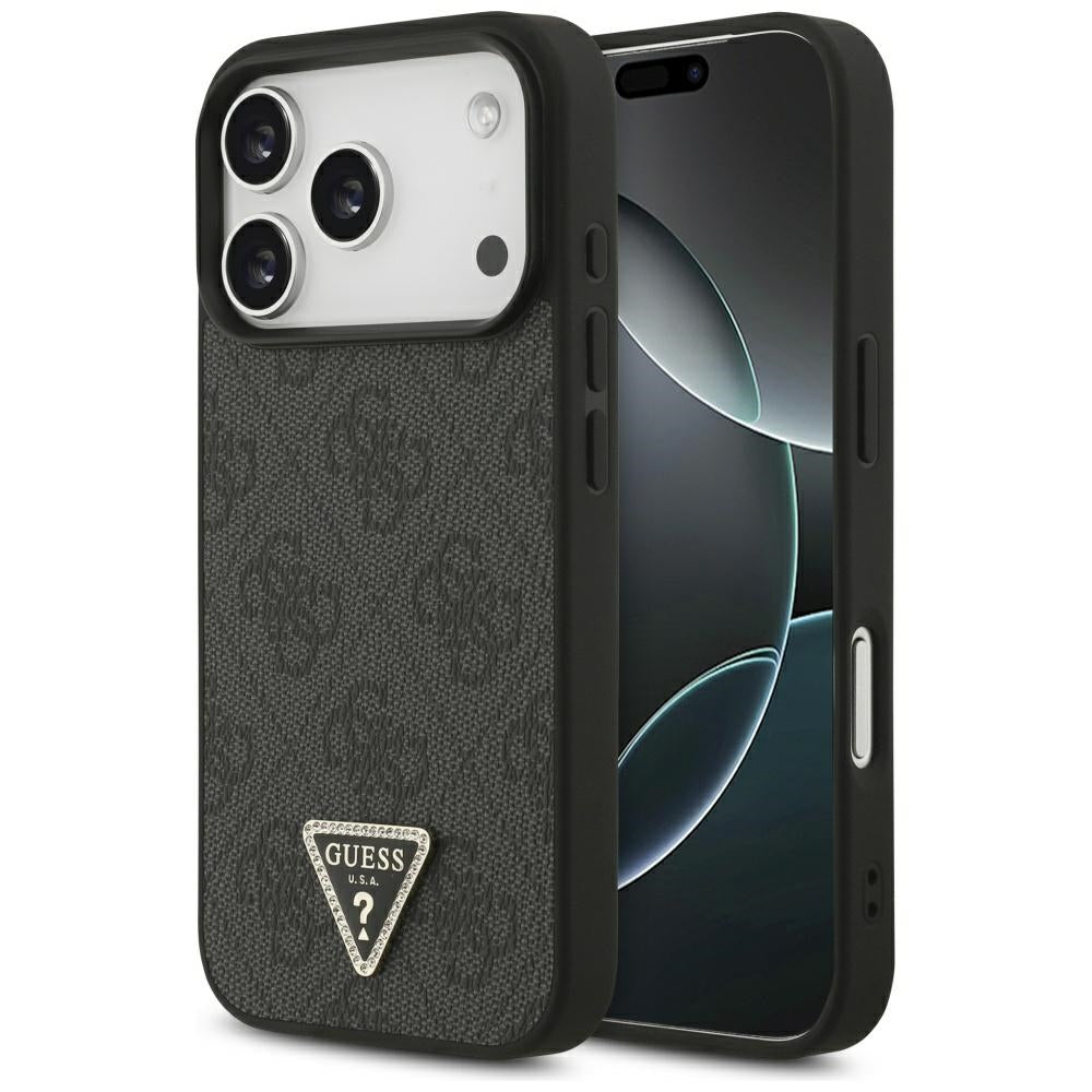 Guess iPhone 17 Pro - 4G Triangle Strass MagSafe - Σκληρή Θήκη με Επένδυση Συνθετικού Δέρματος - Black - GUHMP17LP4TDPLK
