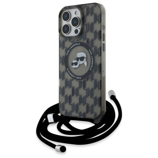 Karl Lagerfeld iPhone 16 Pro Max - IML Crossbody Monogram Karl and Choupette Head - MagSafe Σκληρή Θήκη με Πλαίσιο Σιλικόνης και Λουράκι - Black - KLHMP16XHCKCKLCK