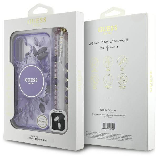 Guess iPhone 16 - IML Flowers With Pearl Strap MagSafe - Σκληρή Θήκη με Πλαίσιο Σιλικόνης και Λουράκι - Purple - GUHMP16SHFWBRCESU