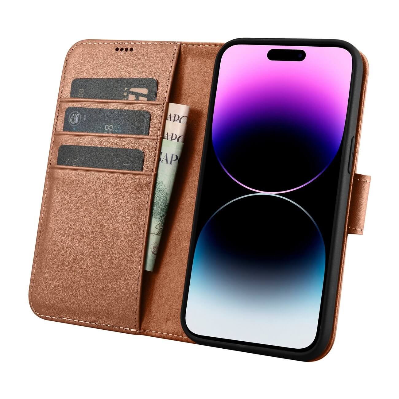 iCarer iPhone 14 Pro Anti - RFID 2in1 Θήκη Πορτοφόλι Stand από Γνήσιο Δέρμα - Brown