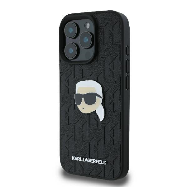 Karl Lagerfeld iPhone 16 Pro - Monogram Karl Head Pin Σκληρή Θήκη με Επένδυση Συνθετικού Δέρματος - Black - KLHCP16LPGKLKIPK