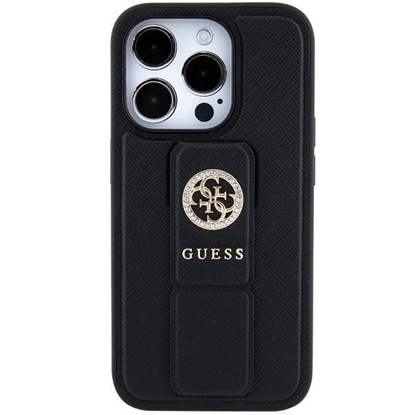 Guess iPhone 15 Pro Grip Stand 4G Saffiano Strass Logo Θήκη με Επένδυση Συνθετικού Δέρματος και Stand - Black - GUHCP15LPGSSADK