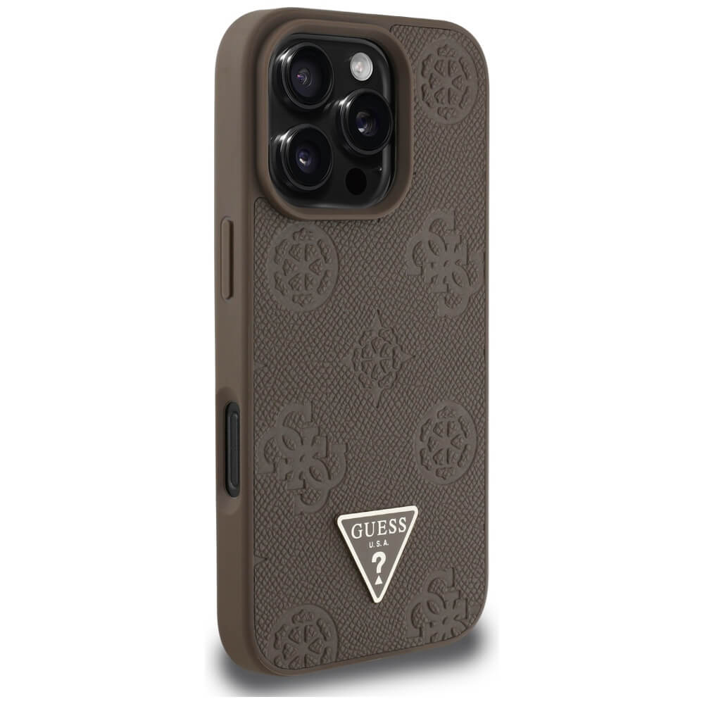 Guess iPhone 16 Pro - Grained Hot Stamp Peony Triangle Logo - MagSafe Σκληρή Θήκη με Επένδυση Συνθετικού Δέρματος - Brown - GUHMP16LPGBTMW