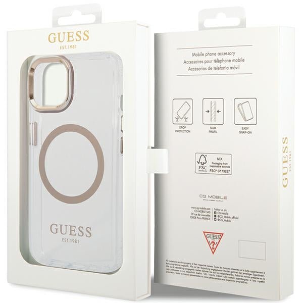 Guess iPhone 15 Plus / 14 Plus Metal Outline MagSafe Σκληρή Θήκη με Πλαίσιο Σιλικόνης και MagSafe - Gold - GUHMP15MHTRMD