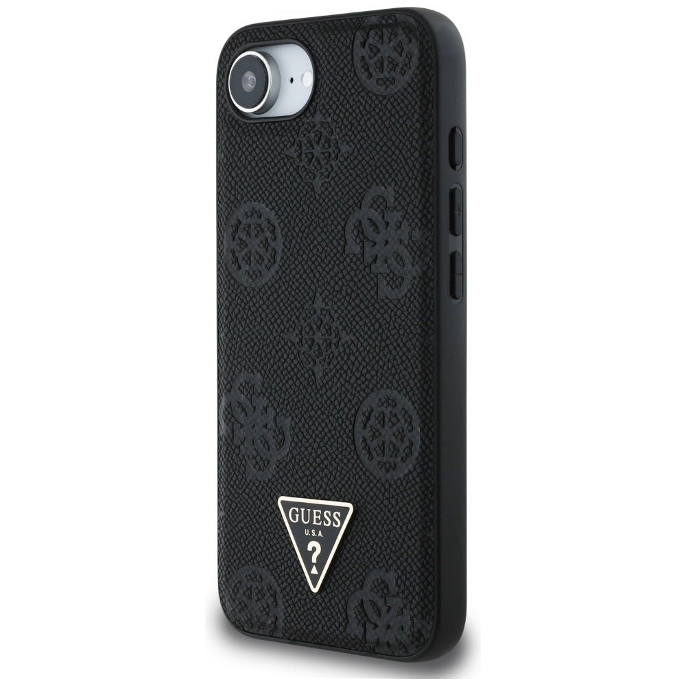 Guess iPhone 16e - Grained Hot Stamp Peony Triangle Logo - MagSafe Σκληρή Θήκη με Επένδυση Συνθετικού Δέρματος - Black - GUHMPSE4PGBTMK