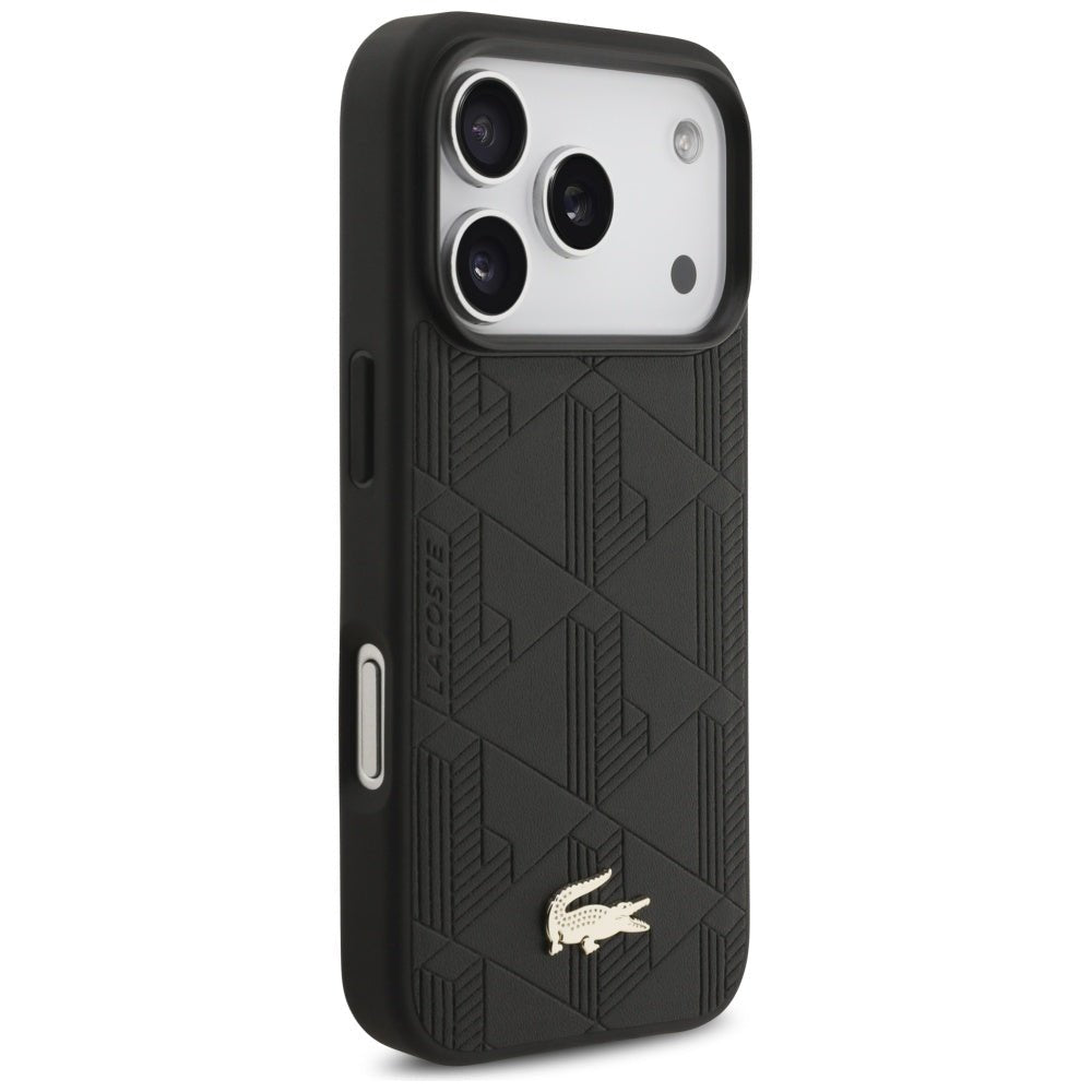 Lacoste iPhone 17 Pro - Nomograme Gold Logo MagSafe - Σκληρή Θήκη με Πλαίσιο Σιλικόνης και Επένδυση Οικολογικού Δέρματος - Black